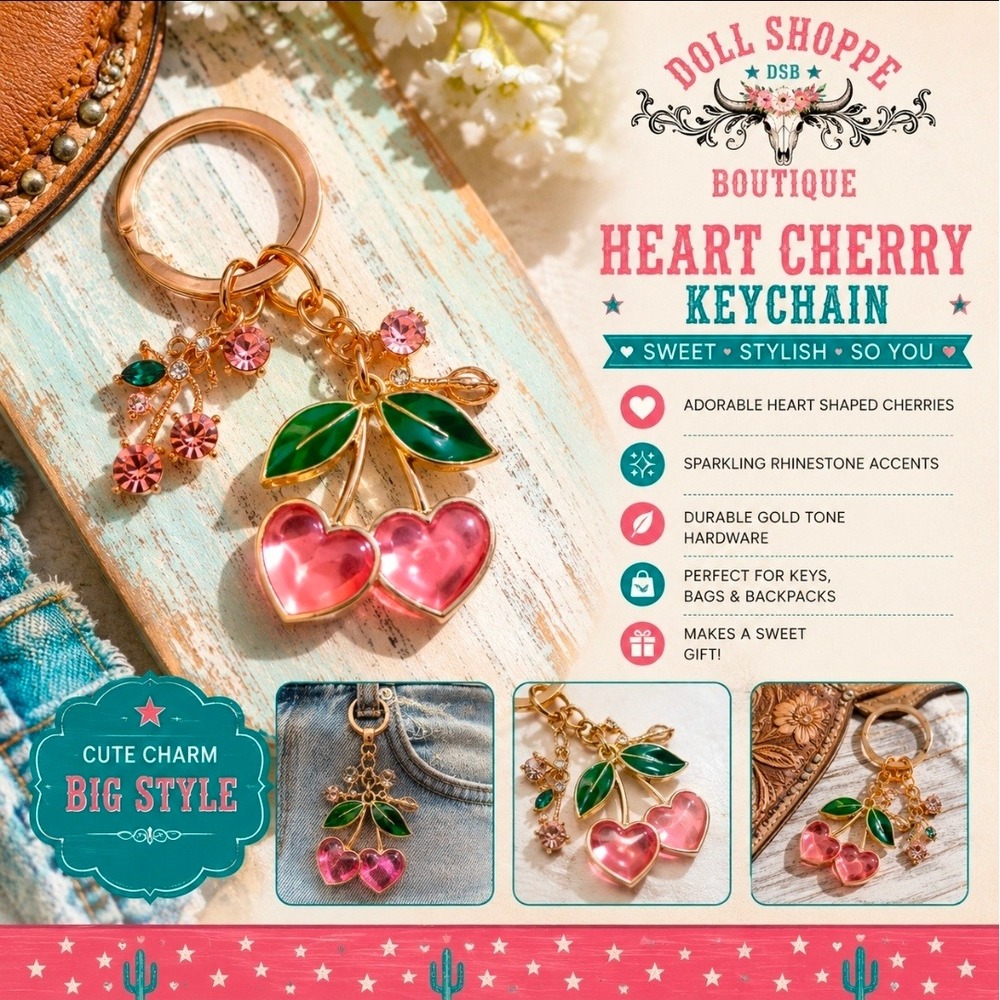 Pink Heart Cherry Keychain | Gold Tone Cherry Charm Purse Accessory